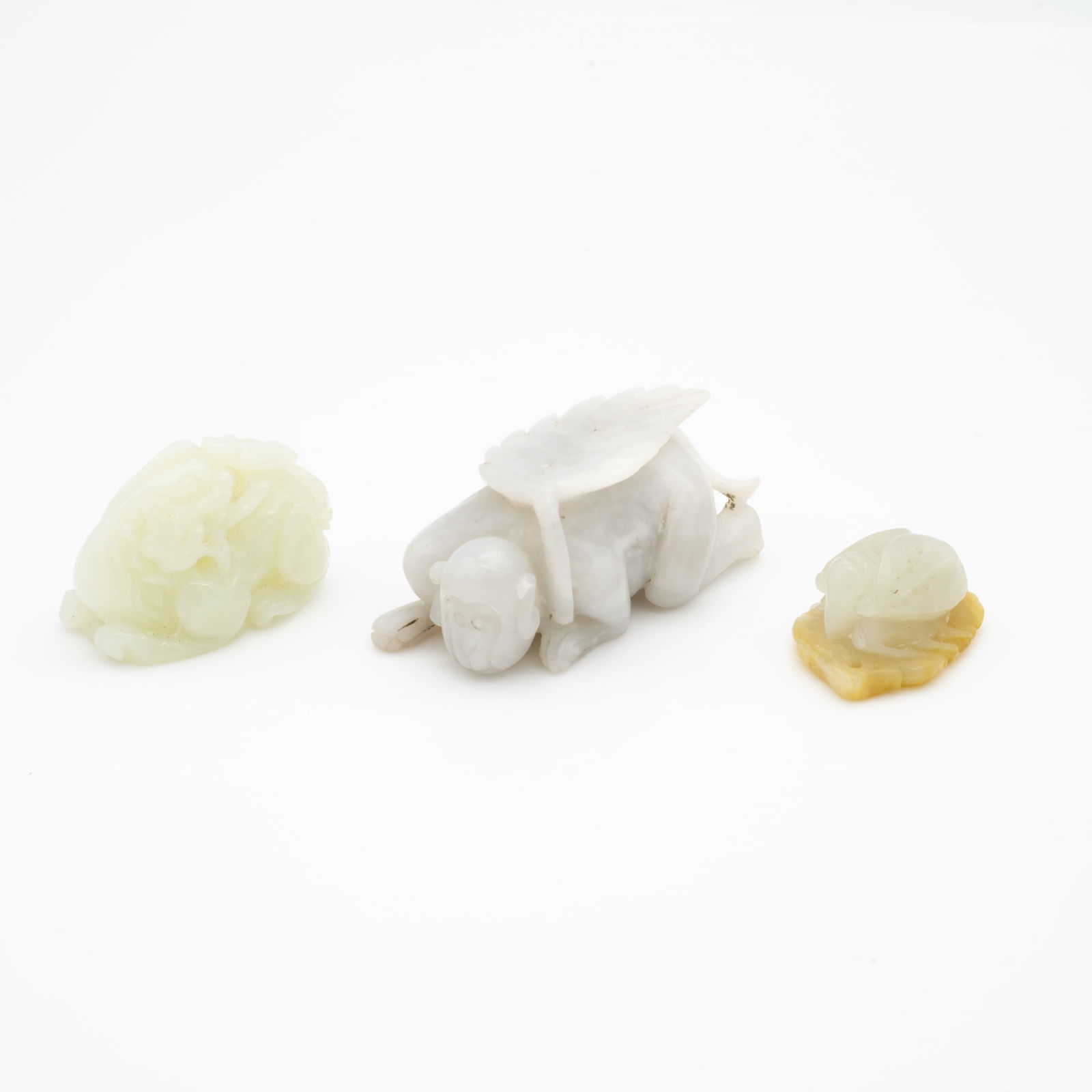 Lot of Three Small Carved Chinese Jade Figures: Monkey, Cicada, and Mythical Beast (1 of 12)