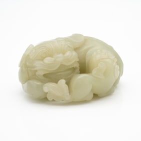 Chinese Carved Jade Group of a Reclining Lioness with Cub