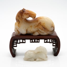 Group of Two Chinese Carved Hardstone Horses with Stand