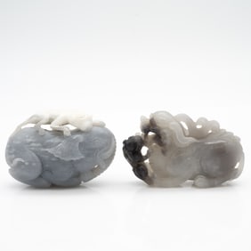 Group of Two Carved Chinese Hardstone Animal Toggles: Elephant with Monkey and Foo Lions