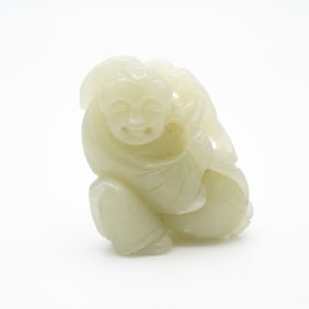Carved Chinese Jade Figure of a Laughing Immortal with Lingzhi Fungus
