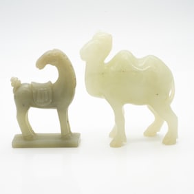 Group of Two Chinese Pale Celadon Hardstone Animal Carvings: Standing Camel and Horse on Plinth