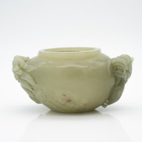 Carved Chinese Pale Celadon Jade Censer Bowl with Dragon Handles