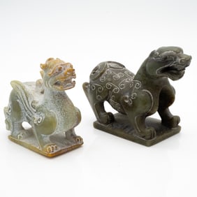 Pair of Chinese Hardstone Carved Mythical Beasts on Plinths