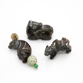 Group of Three Carved Chinese Hardstone Archaistic Animal Figures and Pendant Assemblage