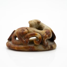 Chinese Archaistic Style Russet and Cream Jade Chilong Toggle or Pendant Carving