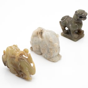 Group of Three Chinese Archaistic Hardstone Carvings: Cub on Qilin, Mythical Beast on Plinth, and