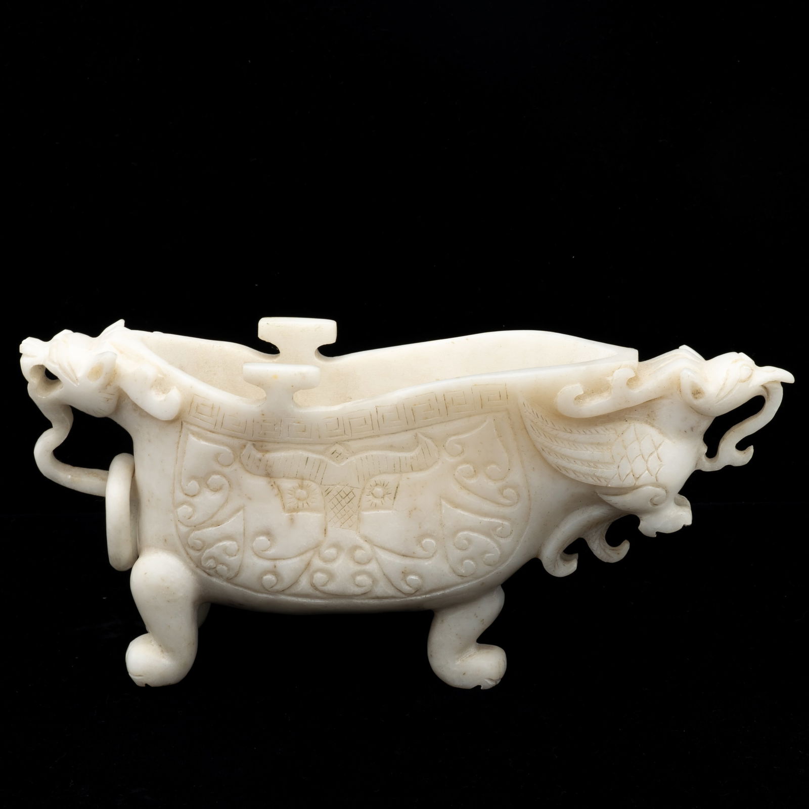 Carved Chinese White Hardstone Archaic Vessel with Dragon Motifs and Loose Ring (1 of 13)