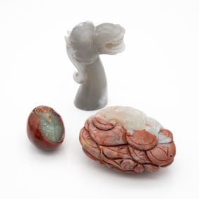 Group of Three Carved Chinese Hardstone Decorative Elements: Bicolor Fungus & Fish Plaque, Horse