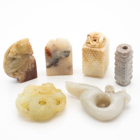 Group of Six Chinese Carved Hardstone Seals, Beads and Pendants