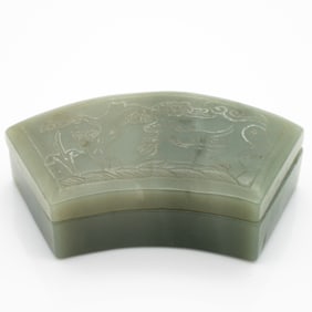 Carved Chinese Jade Box with Incised Landscape and Horses