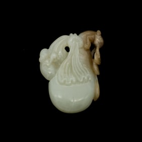 Carved Chinese Jade Pendant Toggle of a Gourd with Squirrels
