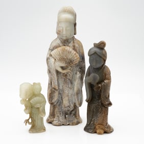 Group of 3 Chinese Hardstone Carvings, Female Figures with Fans and Mirror