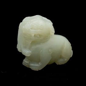 Carved Chinese Jade Figure of a Mythical Beast with Lotus Leaf and Bat