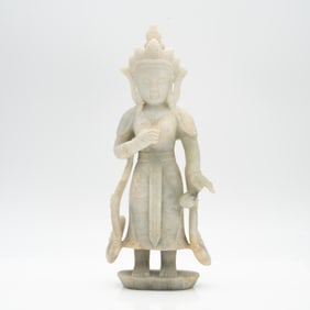 Carved Chinese Hardstone Standing Bodhisattva Figure on Base