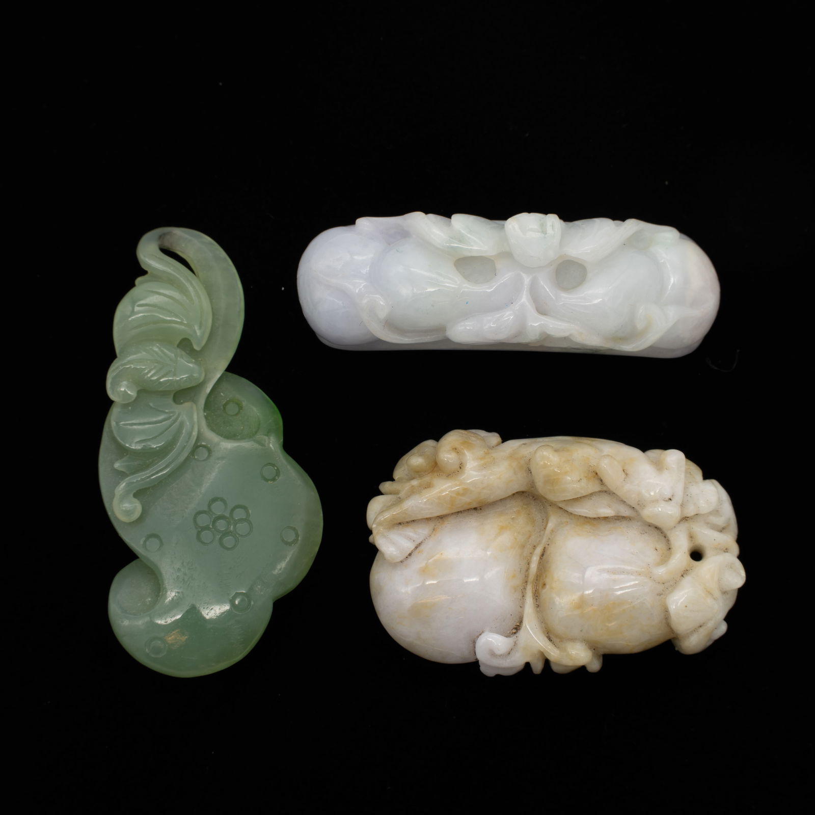 Lot of Three Chinese Jade Pendants: Bat with Gourds, Fungus with Bat, and Cat with Peaches (1 of 4)