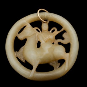 Carved Chinese Jade pendant with Mounted Horse and Rider Mounted with 14K Gold Bail