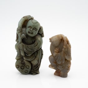 Group of Two Celadon Hardstone Figures: Scholar and Laughing Boy with Lotus