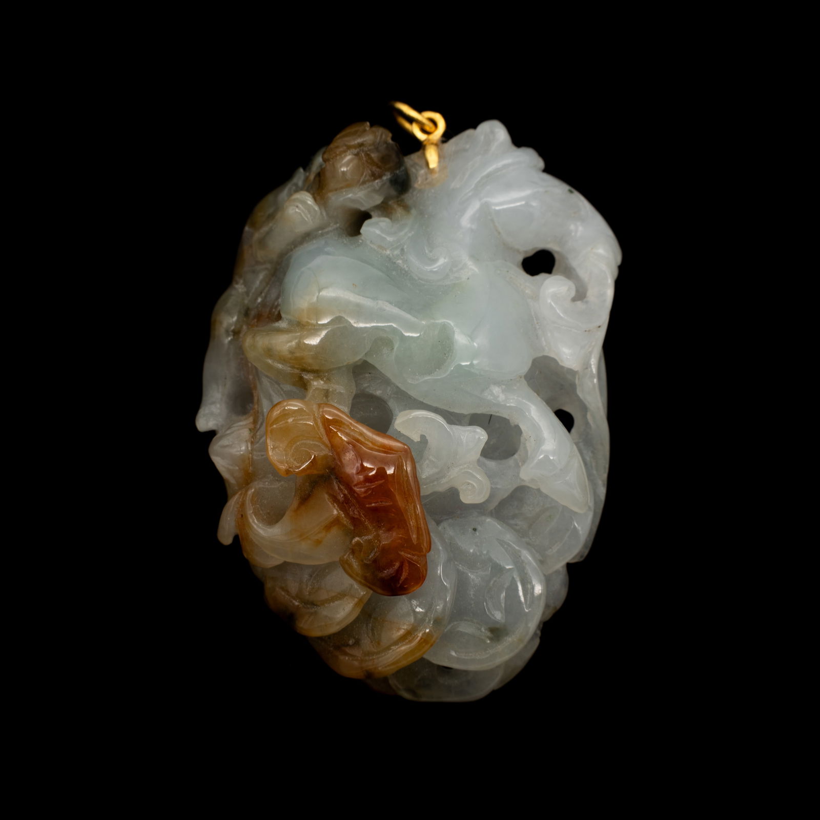 Chinese Carved Jade Pendant with Horse, Feline, and Lingzhi Mounted with 18K Gold: Lot 84 Chinese Carved Jade Pendant with Horse, Feline, and Lingzhi Mounted with 18K Gold Description: Openwork Jade pendant featuring a horse in motion, a crouching feline creature, and a stylized lin