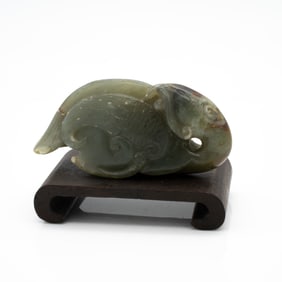 Carved Chinese Jade Toggle of a Bird with Lingzhi Fungus