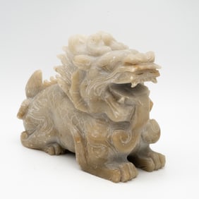 Large Carved Chinese Archaistic Hardstone Horned Dragon Figure