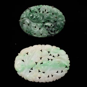 Lot of Two Chinese Carved Jade Plaques Incl Silver