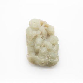 Carved Chinese Jade Group of Two Figures with Leaf and Stem