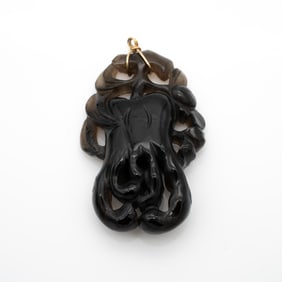 Carved Chinese Pendant in Smoky Quartz, Depicting a Gourd with Foliage Mounted in 14K Gold