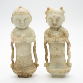 Pair of Carved Chinese Hardstone Boy and Girl Figures on Lotus Bases
