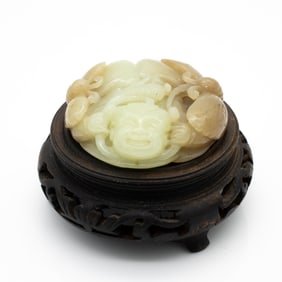 Carved Chinese Celadon Jade Plaque with Lingzhi, Moths, and Figure
