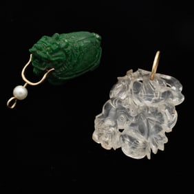 Lot of Two Chinese Carved Pendants Rock Crystal and Maaw Sit Sit Incl 14k Gold