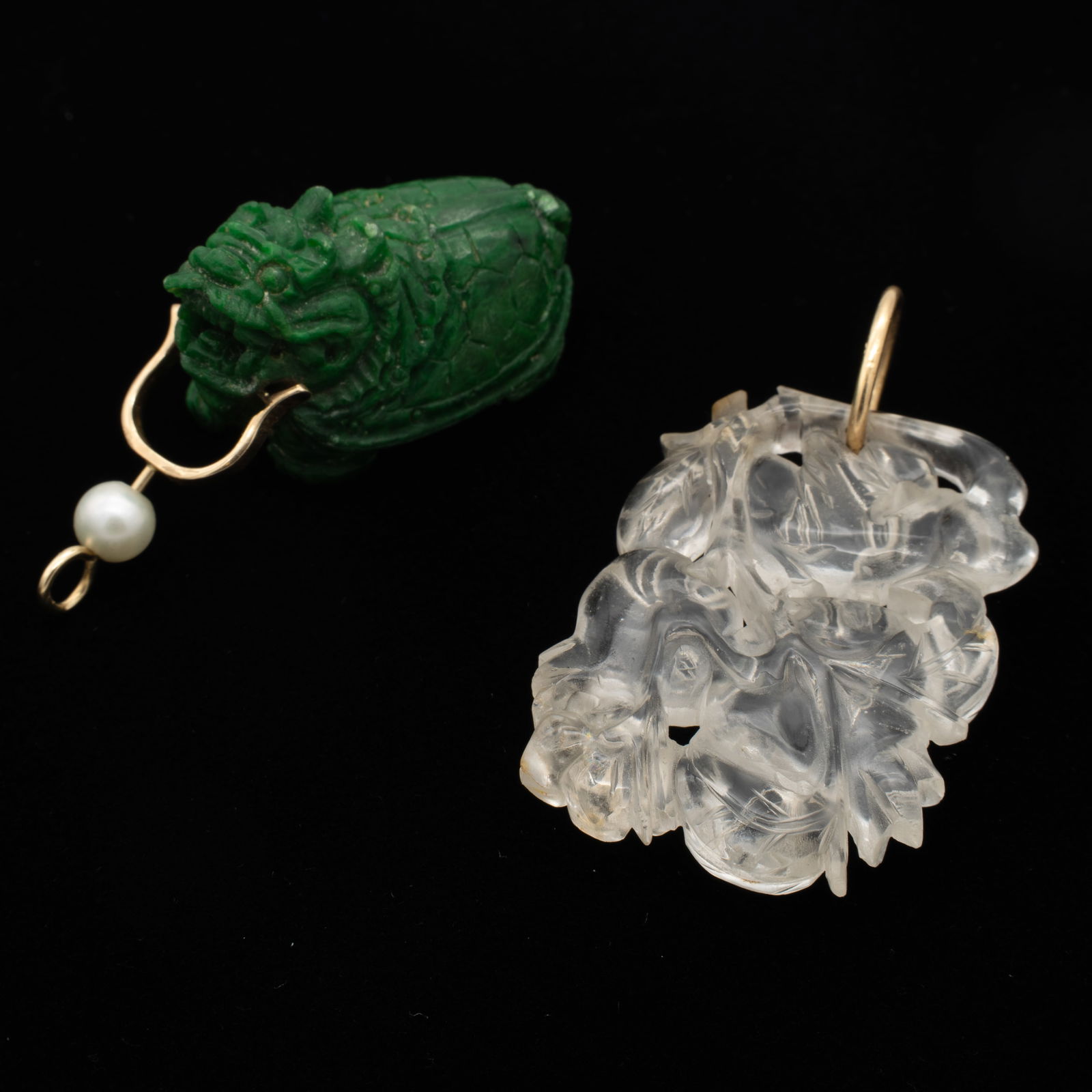 Lot of Two Chinese Carved Pendants Rock Crystal and Maaw Sit Sit Incl 14k Gold (1 of 5)