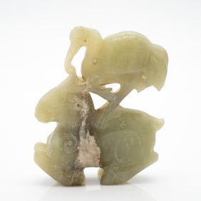 Carved Chinese Jade Plaque of a Crane Standing on a Recumbent Deer