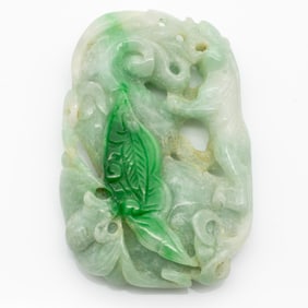 Chinese Carved Jade Plaque with Cat and Bat