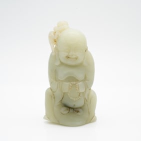 Carved Chinese Celadon Jade Figure with Monkey