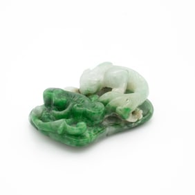 Chinese Carved Jade Cat and Lingzhi Plaque