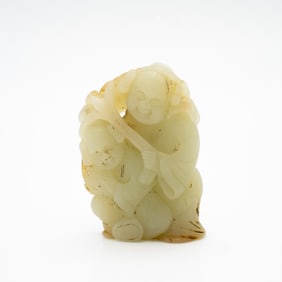Carved Chinese Celadon Jade Group of Two Children