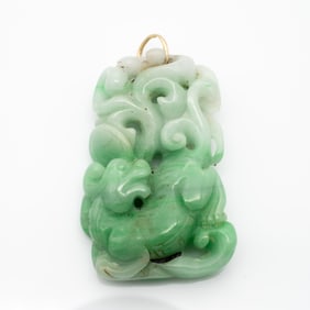 Chinese Carved Jade Pendant Depicting a Chilong with Lingzhi Fungus and Foliage Mounted in 14K Gold