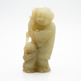 Carved Chinese Jade Double Figure Holding Lingzhi Fungus