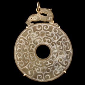Carved Chinese Jade Bi-disc Pendant with Qilin Finial Mounted in 14K Gold