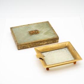 Group of Two Chinese Gilt and Hardstone Decorative Objects, Filigree Box & Inset Tray