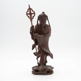 Carved Chinese Hardwood Scholar Figure with Staff