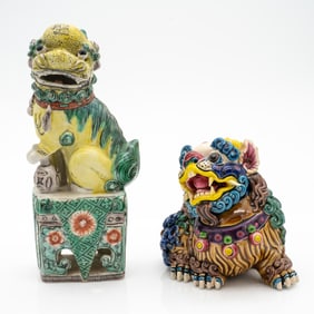 Lot of Two Chinese Ceramic Guardian Lions (Foo Dogs), Glazed Porcelain & Sancai-Style Earthenware