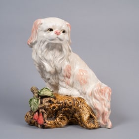 Chinese Porcelain Figure of a Japanese Chin Dog on Root-Style Base
