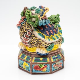 Chinese Feng Shui Bixi Ceramic Figurine on Octagonal Base