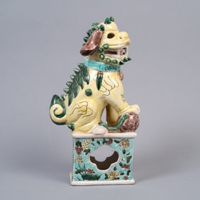 Chinese Export Ceramic Guardian Lion (Foo Dog) on Floral Pedestal Base