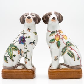 Pair of Chinese Export Porcelain Dog Figurines with Floral Decoration