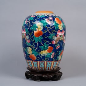 Chinese Polychrome Porcelain Jar with Wood Lid and Base, Qianlong Mark