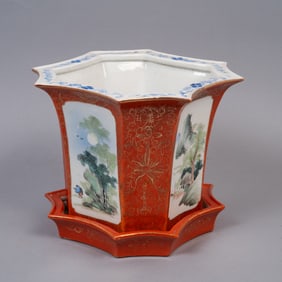 Antique Chinese Famille Rose Hexagonal Planter with Underplate, Iron Red Ground