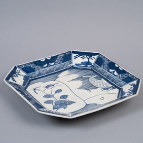 Antique Blue & White Porcelain Platter, Octagonal Chinese Export Style, c. 19th Century